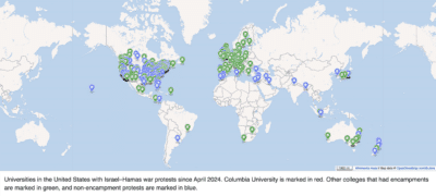 Map of the world that shows dozens of markers where pro-Palestinian campus protests have taken place between 2023-4.